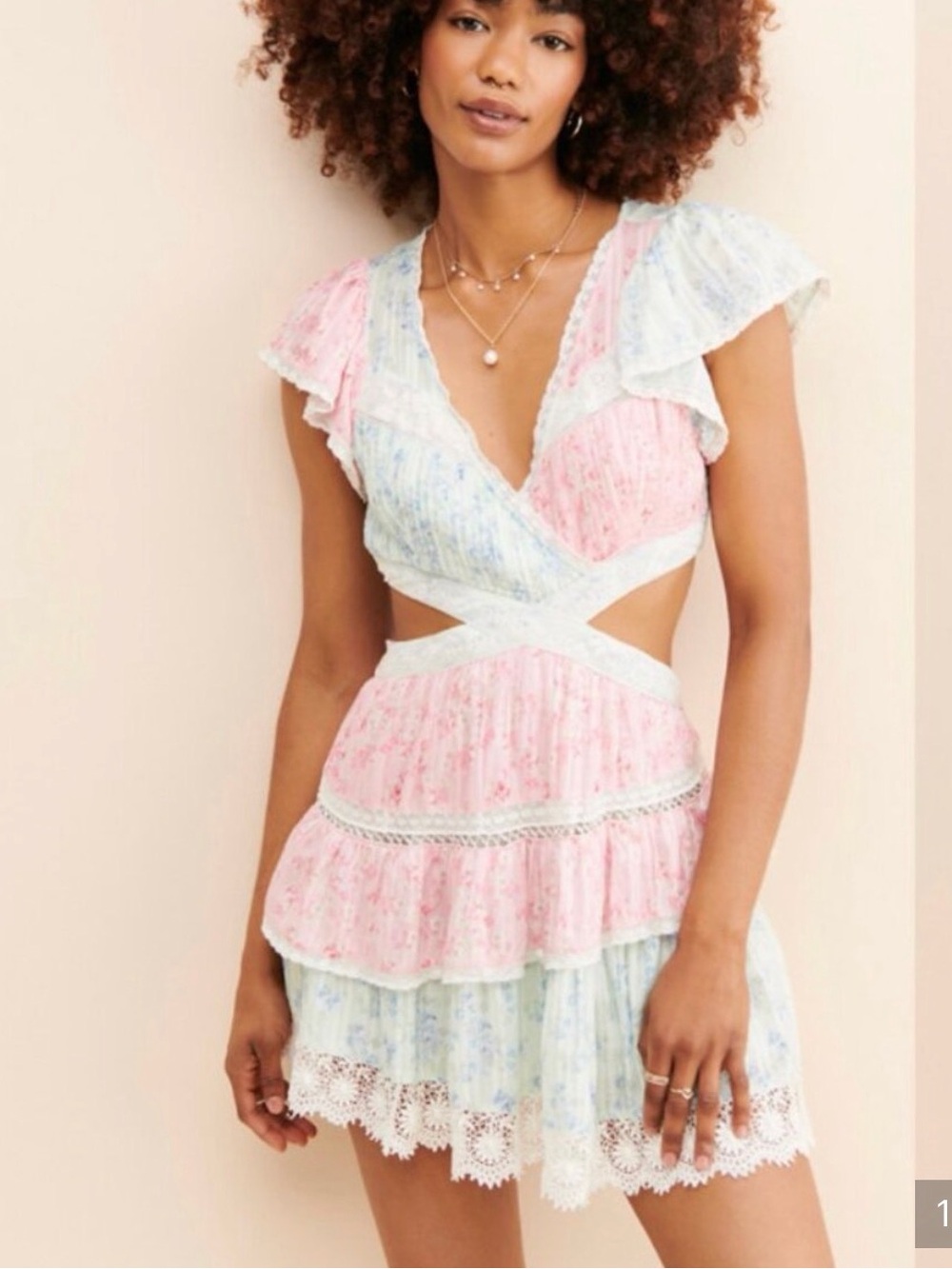 Loveshackfancy Floral Audrina Pastel Cutout Mini Dress in Pink & Light Blue XS